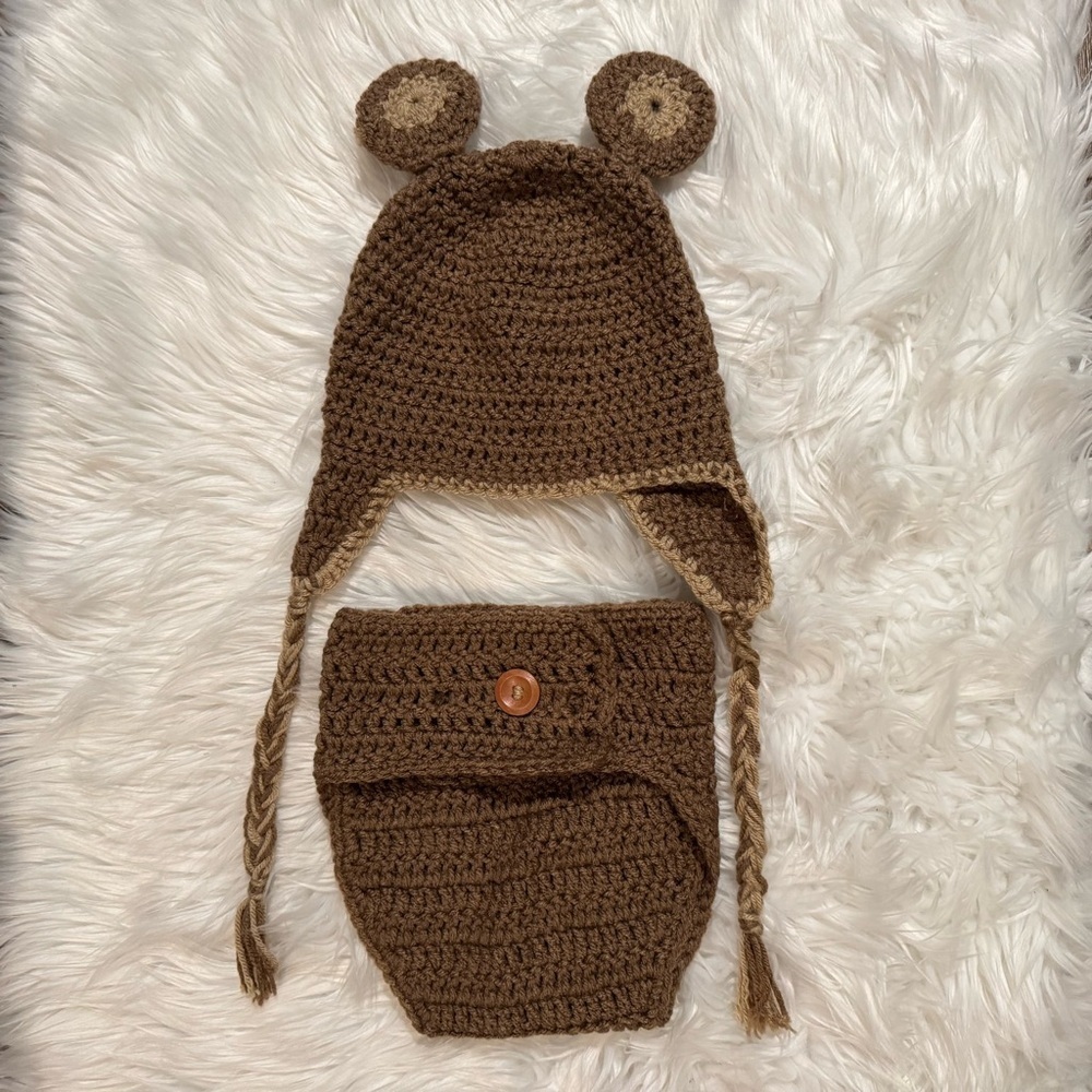 Handmade Baby Crochet Bear Hat & Diaper Cover Set‎ 6-12M Photo Prop